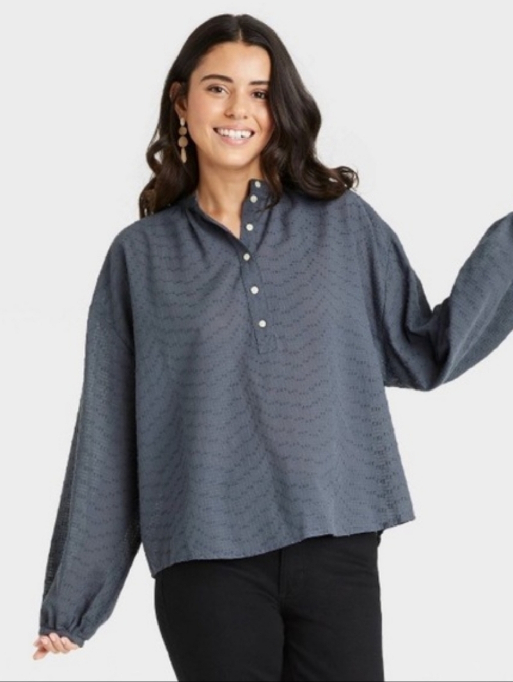 🆕️ Universal Thread Romantic Navy Blue Balloon Long Sleeve Poet Blouse Size XL